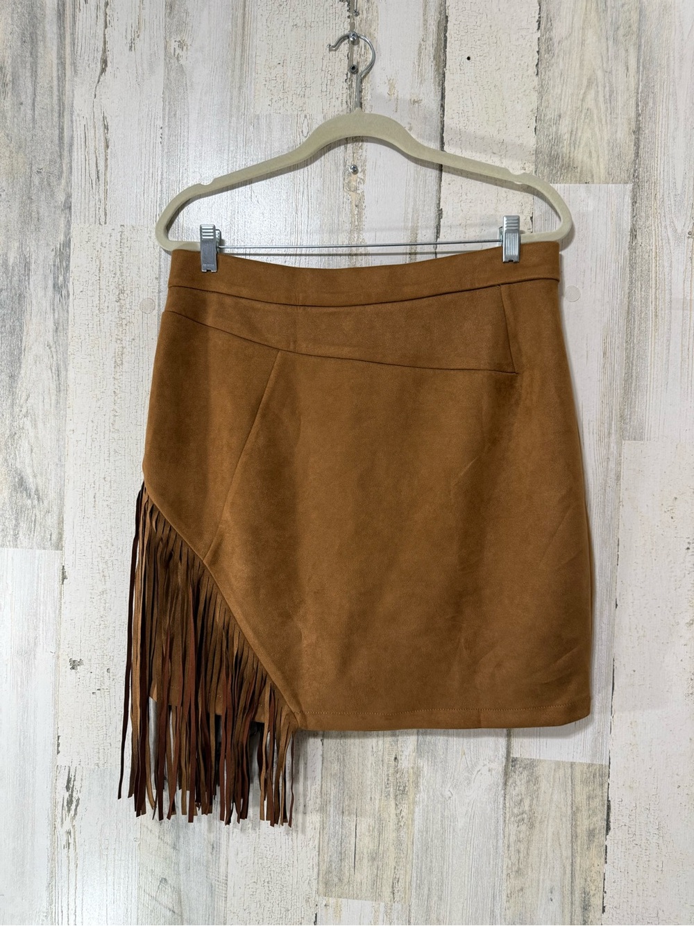 Fringe Faux Brown Tan Suede Mini Skirt - Picture 2 of 11